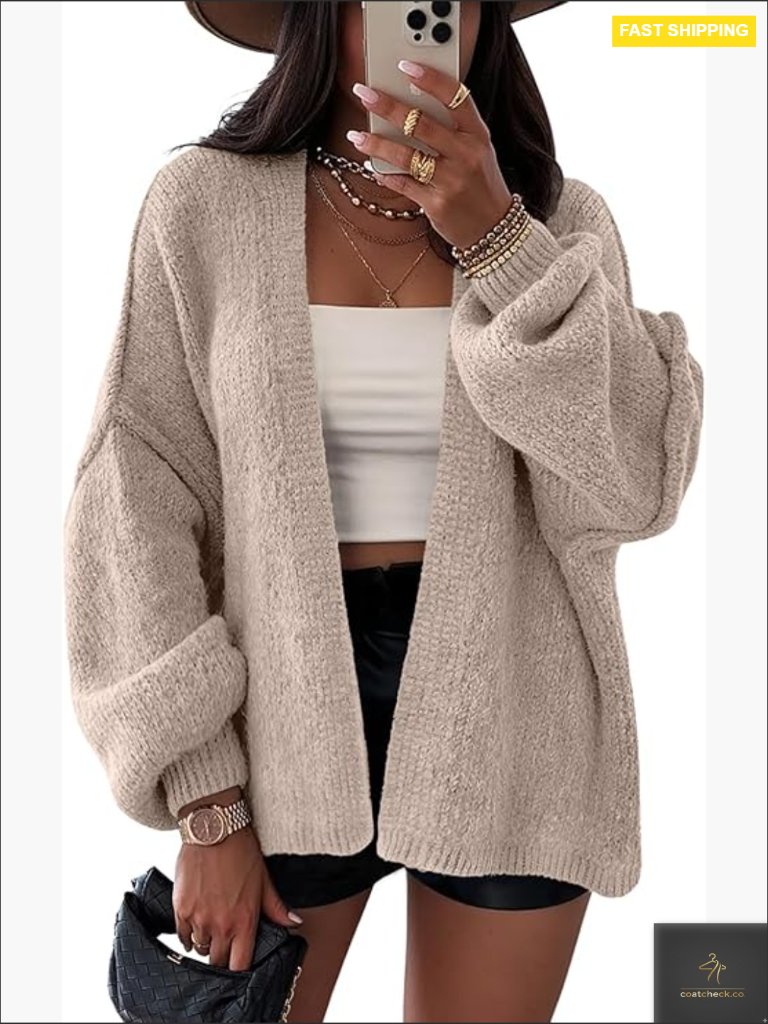 Chunky Oversized Cardigan Sweater Lantern Sleeve Longline Cozy Knit V-Neck